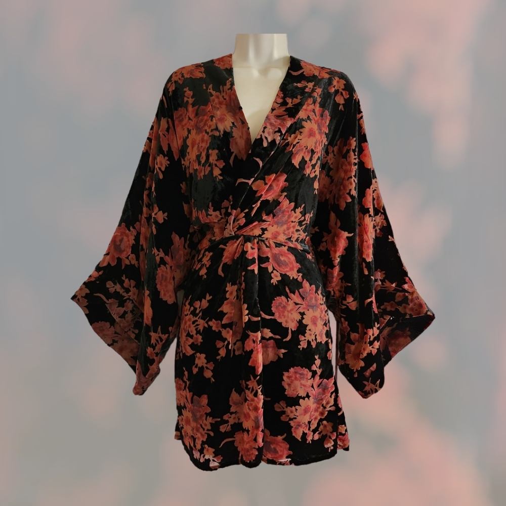 Skylar + Madison Kimono Sleeve Black Velvet Burnout Mini Floral Dress Large